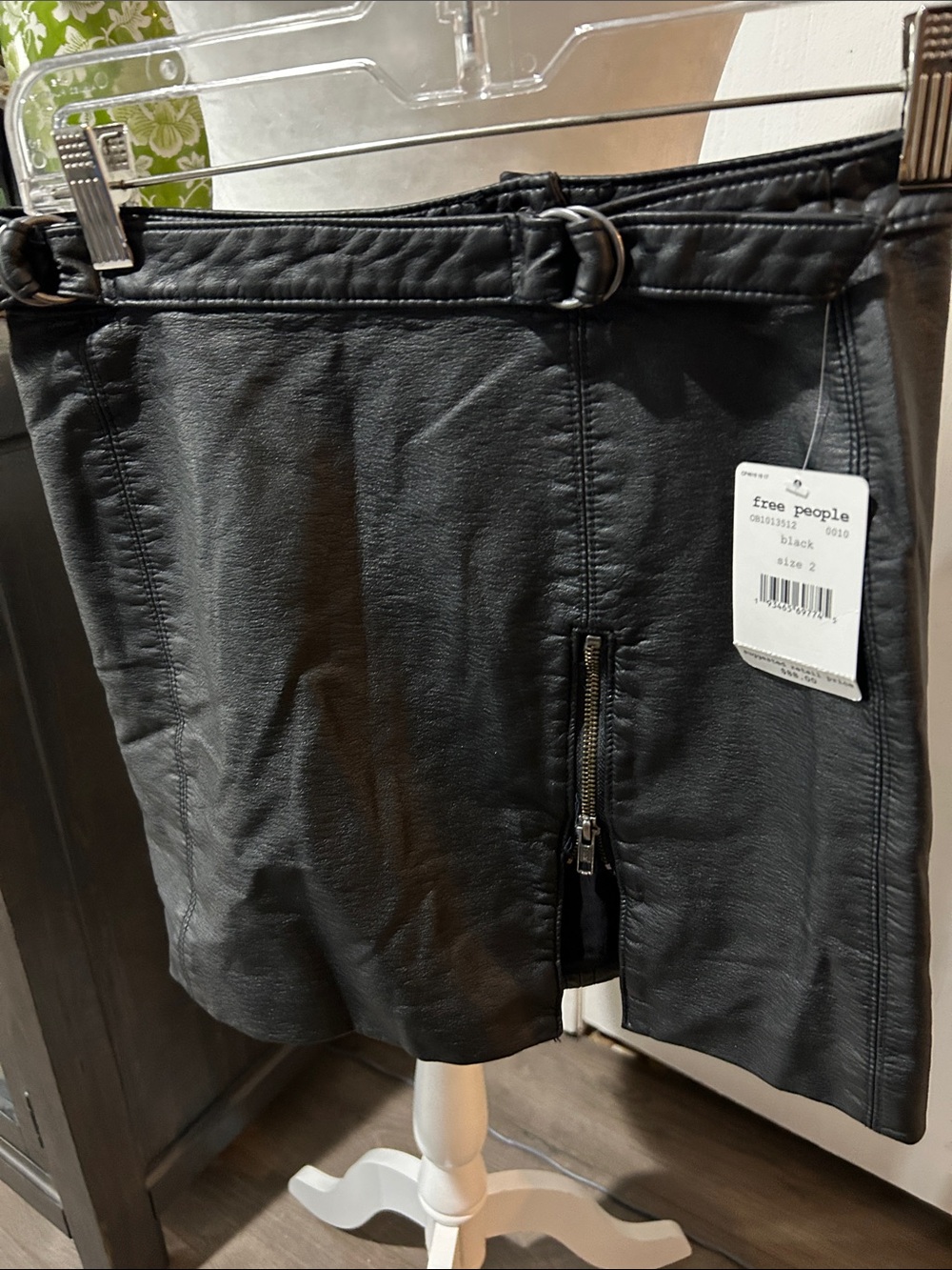 Free People Black Faux Leather Mini Skirt with Front Zip Accent